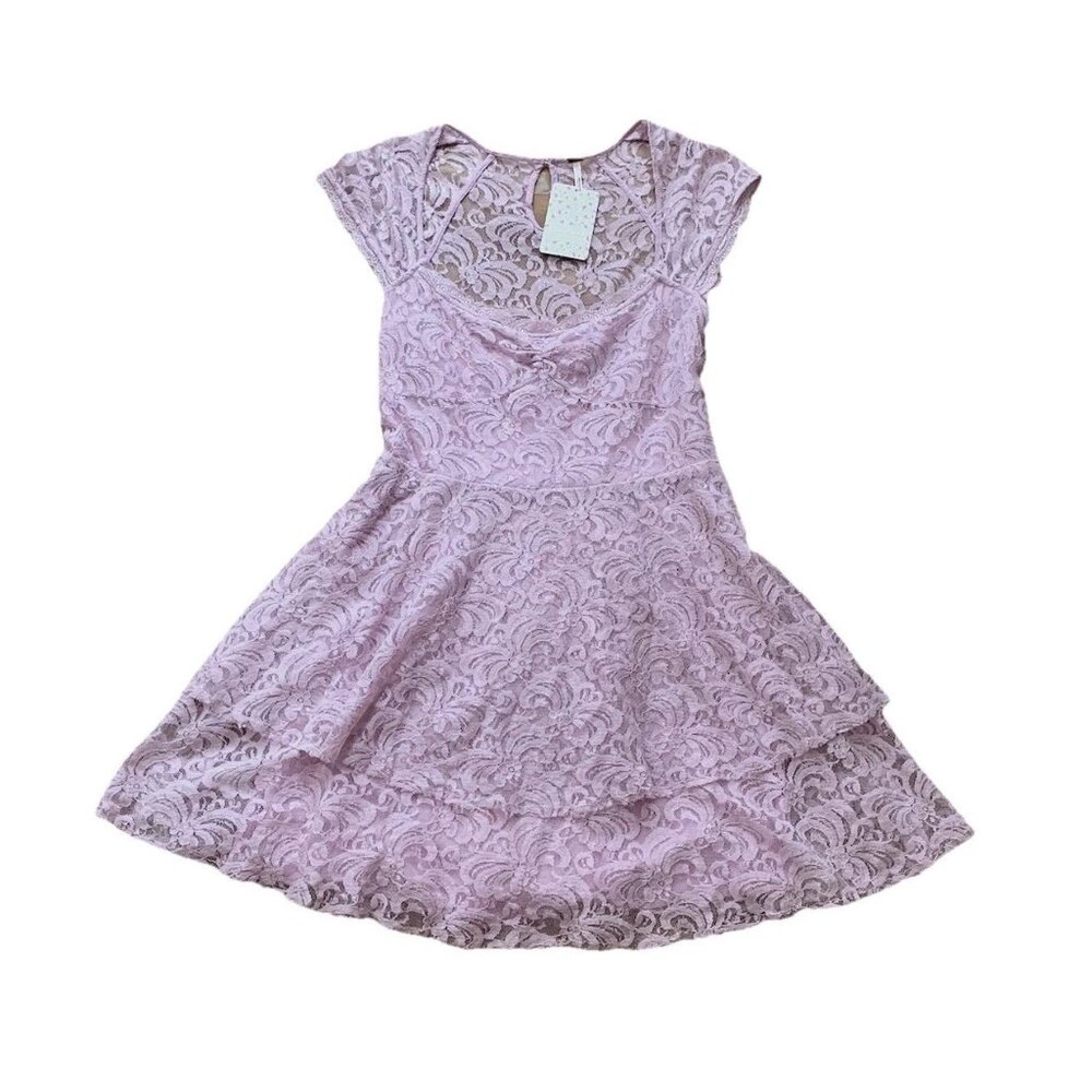 Free People Sheer Lace Tiered Victorian Mini Dress Size 8 Lavender Lined NWT